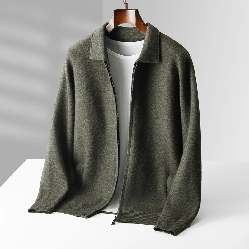 Luxury Men's 100% Cashmere Sweater Thick Warm Zipper Cardigan Knitwear Polo Collar Top and Smart Casual Coat for Autumn Winter