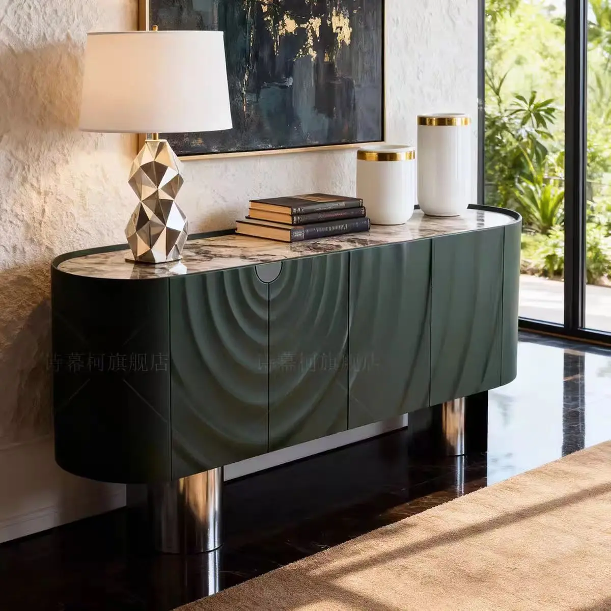 ⁕q Custom Luxury Modern Wavy Arc Solid Wood Living Room Storage Cabinet Wall-side Entryway Home Furniture Half-Moon Home Bar