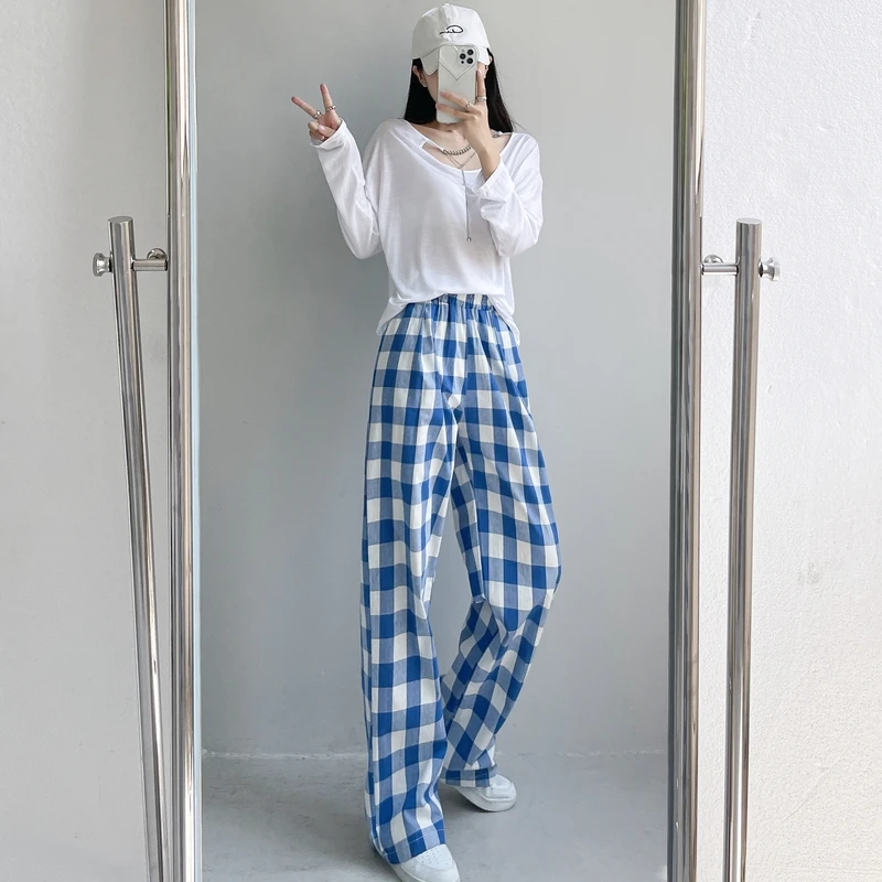 New Korean Fashion Woman Lattice Wide Leg Trousers Y2k Sweatpants Casual Popular Joggers Women Women Bottoms Pants Dropshipping