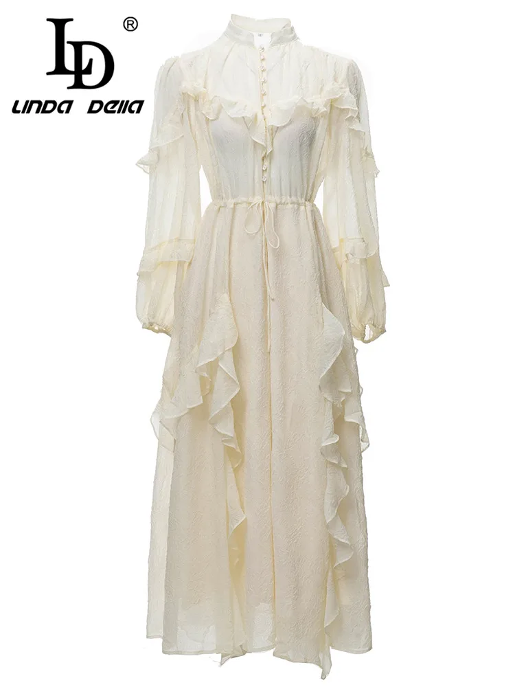 LD LINDA DELLA 2024 Cheap Casual Dress Women White Splice long sleeve Single-breasted Transparent Ruffle High waist Party Dress