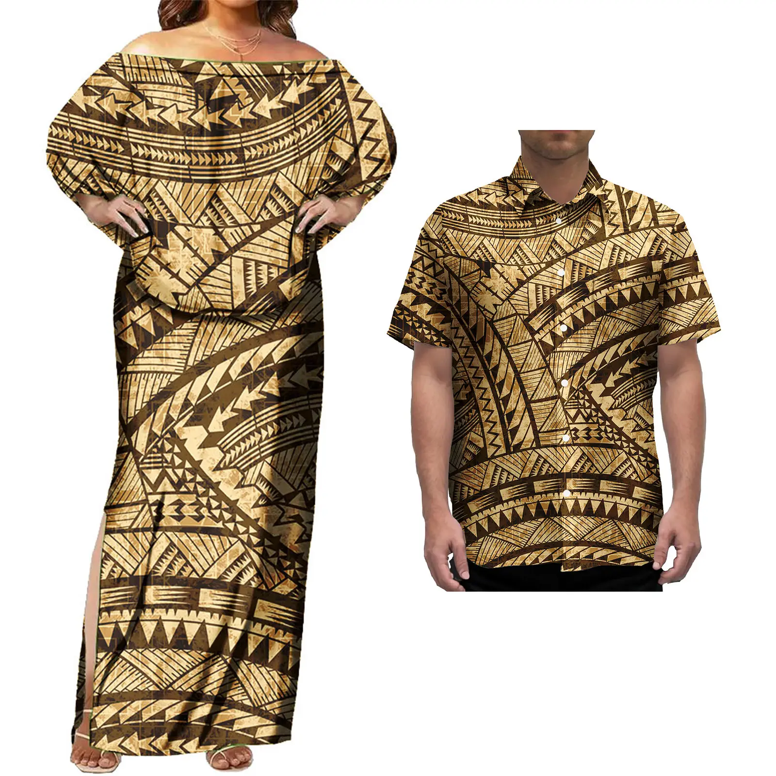 Vintage paar set Polynesische dames eiland stijl Puletasi jurk en Hawaiiaanse heren shirt paren bijpassende outfits