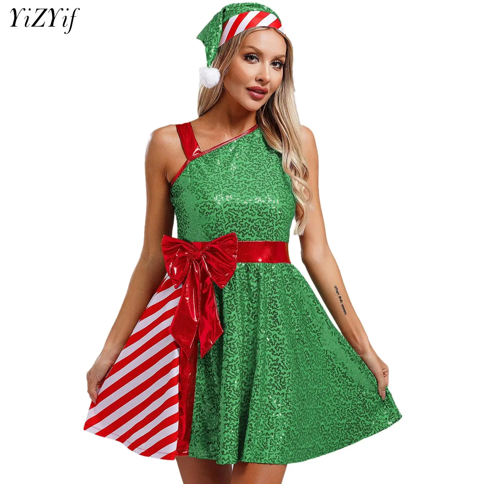 

Womens Christmas Mrs Santa Claus Dress Xmas Party Dance Performance Fancy Dress Outfits with Santa Hat Dancewear Stage Costume