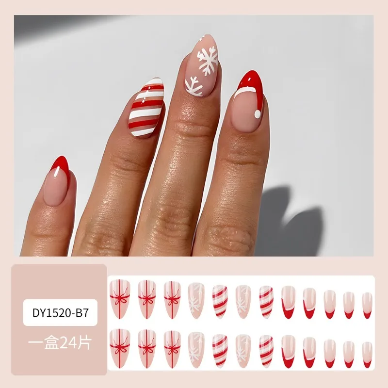 24Pcs Short Almond Super Glossy Press on Nails Pink Geometry StripeSnowflake Christmas Hat Fake Nails for Holiday Parties Friend