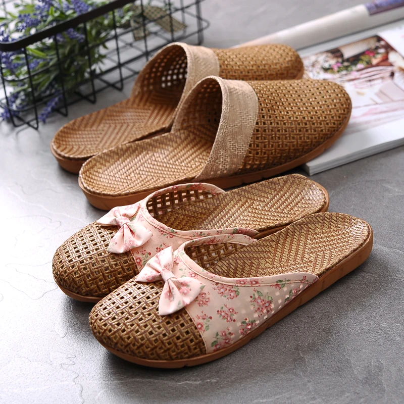 

2023 New Minimalist Home Women's Sandals Couple Beach Hemp Rope Sandals Straw Slippers Two Straw Strap Shoes