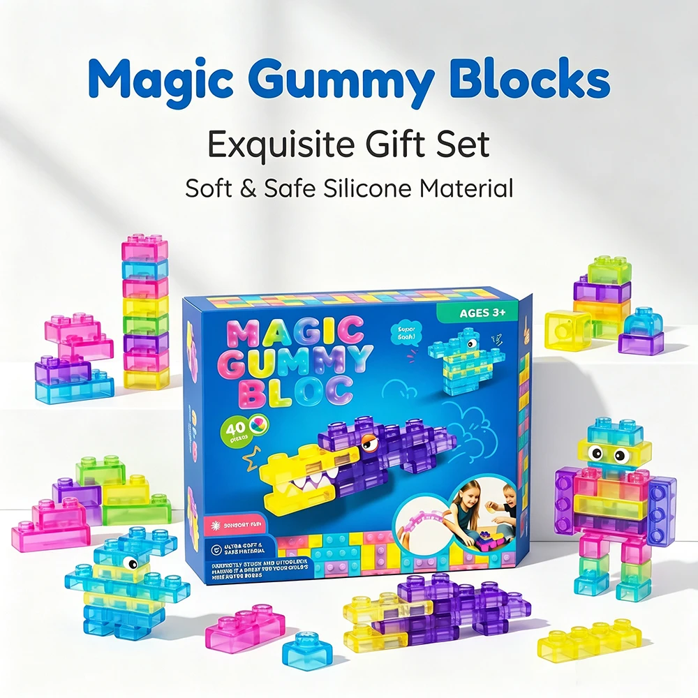 Translucent Magic Gummy Soft Silicone Building Blocks STEM Montessori Stacking Toy Kids Educational DIY Bricks Gift