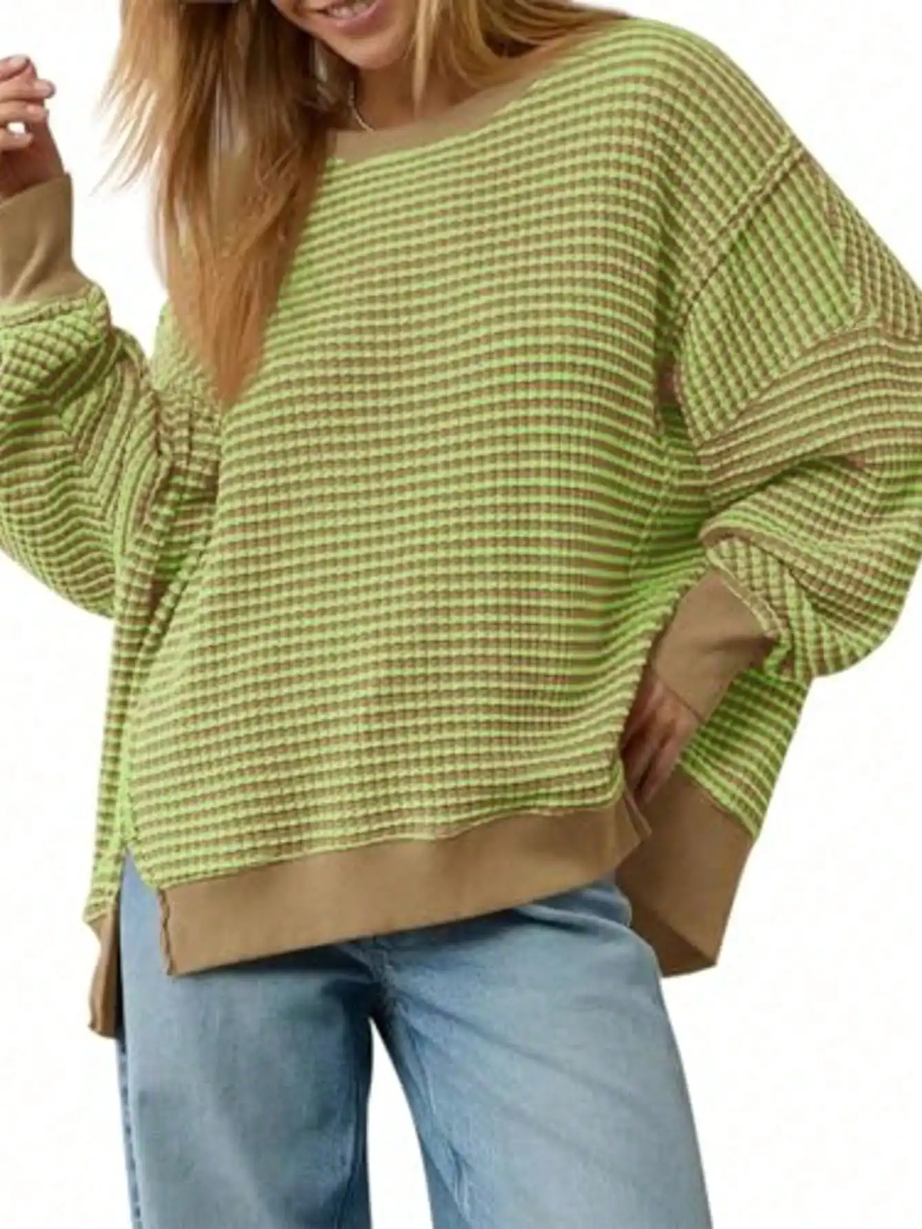 

Women Oversized Drop Shoulder Sweatshirt Waffle Knit Long Sleeve Crewneck Split Pullover Tunic Top Casual Fall Tops