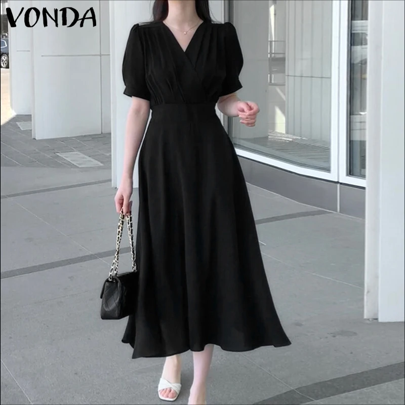 VONDA レディース ロングシャツワンピース 2025 夏 パーティー エレガント ミディ丈 サマードレス セクシー Vネック カジュアル 無地 半袖 ローブ ワンピース