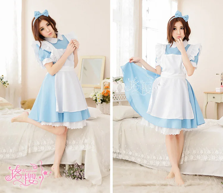 Cosplay Kostuum Lolita Jurk Meid Schort Fantasia Carnaval Halloween Wonderland Blauw Licht Tone Lolita Meid Kostuum