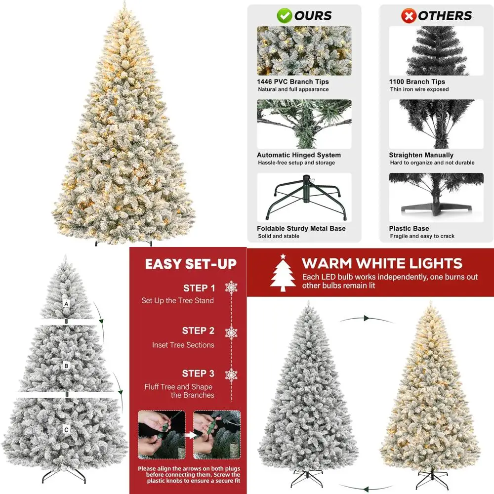 شجرة عيد الميلاد الاصطناعية الثلجية بطول 7.5 قدم مع 450 مصباح LED، وأطراف فرع 1446، وحامل معدني