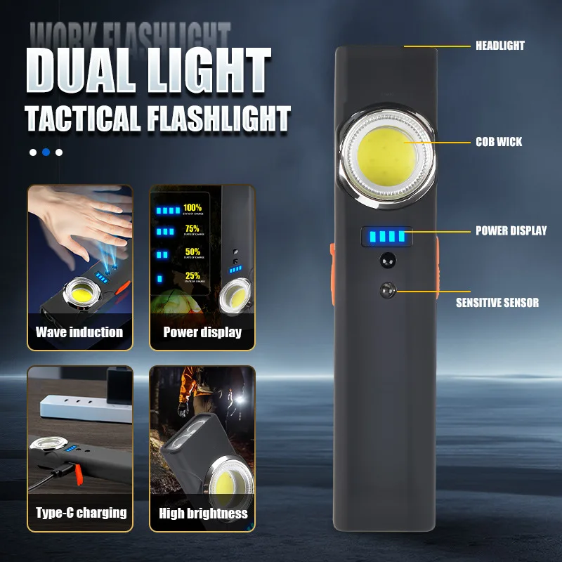 Multi-functional Portable Mini Rechargeable Magnetic Work Light Outdoor Strong Dual Light Source Flashlight TYPE-C