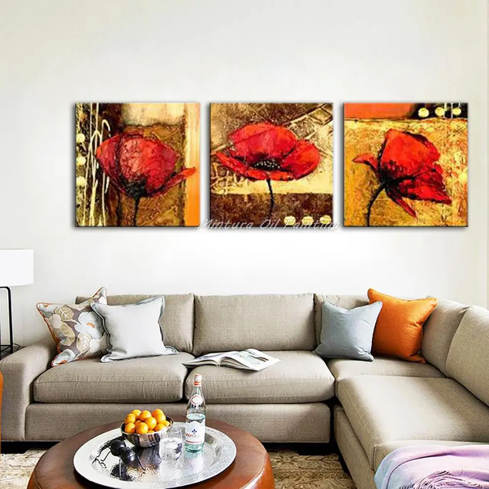 Mintura Hand-Painted Abstract Beautiful Red Flowers Oil Painting On Canvas,3 Pcs/Set Wall Art,Picture For Living Room,Home Decor