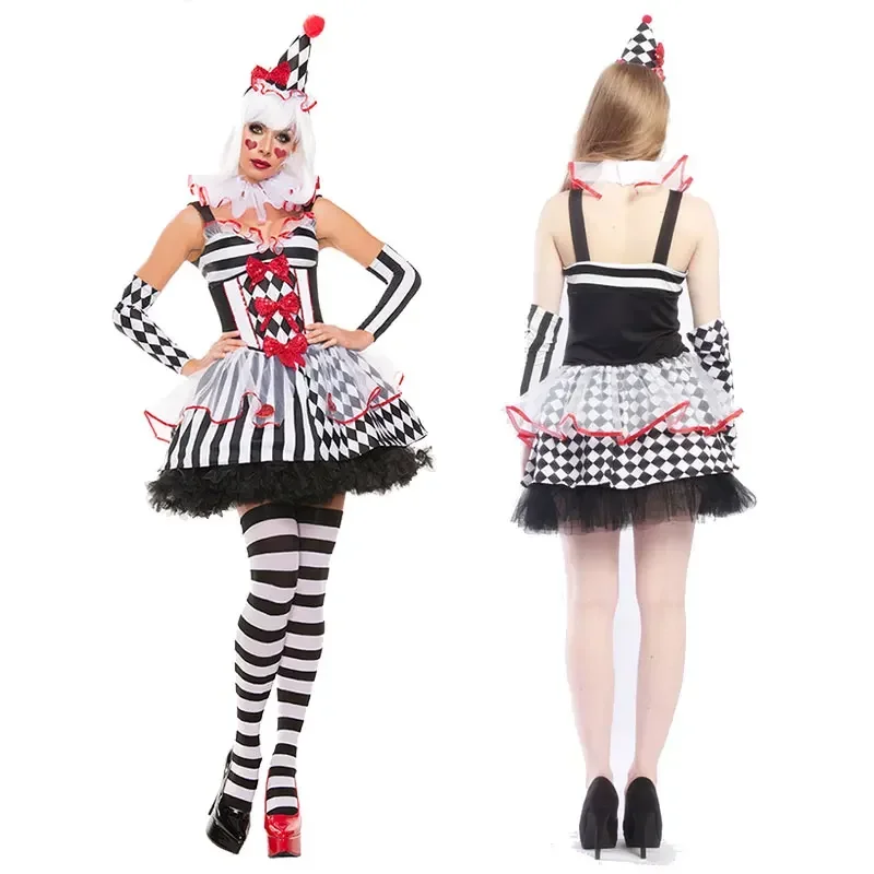 

Adult Women Funny Circus Clown Costume Dress Carnival Halloween Cosplay Costume Naughty Harlequin Uniform Female Costume