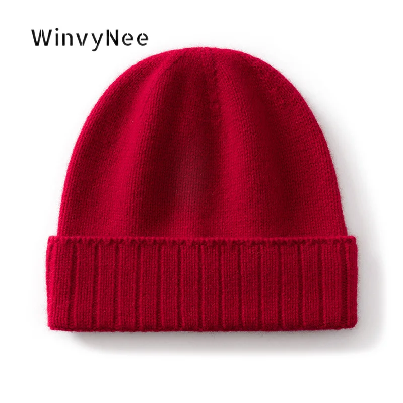 WinvyNee Women 100% Wool Ribbed Cuffed Knit Beanie Skullies Bonnet Autumn Winter Thick Cozy Lightweight Warm Head Cover I1883037