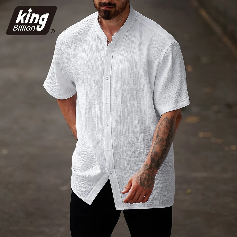 Men's Casual Cotton Shirt Solid Color Stand Collar Breathable Cozy Loose Fit Long Sleeve Single Breasted Male Simple Style Tops