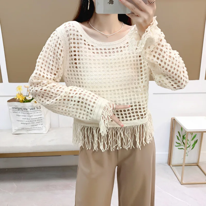 Women's Hollow-out Long-Sleeved Sweater 2024 Spring/Summer New Loose Short Overclothes Tassel Top  Wholesale