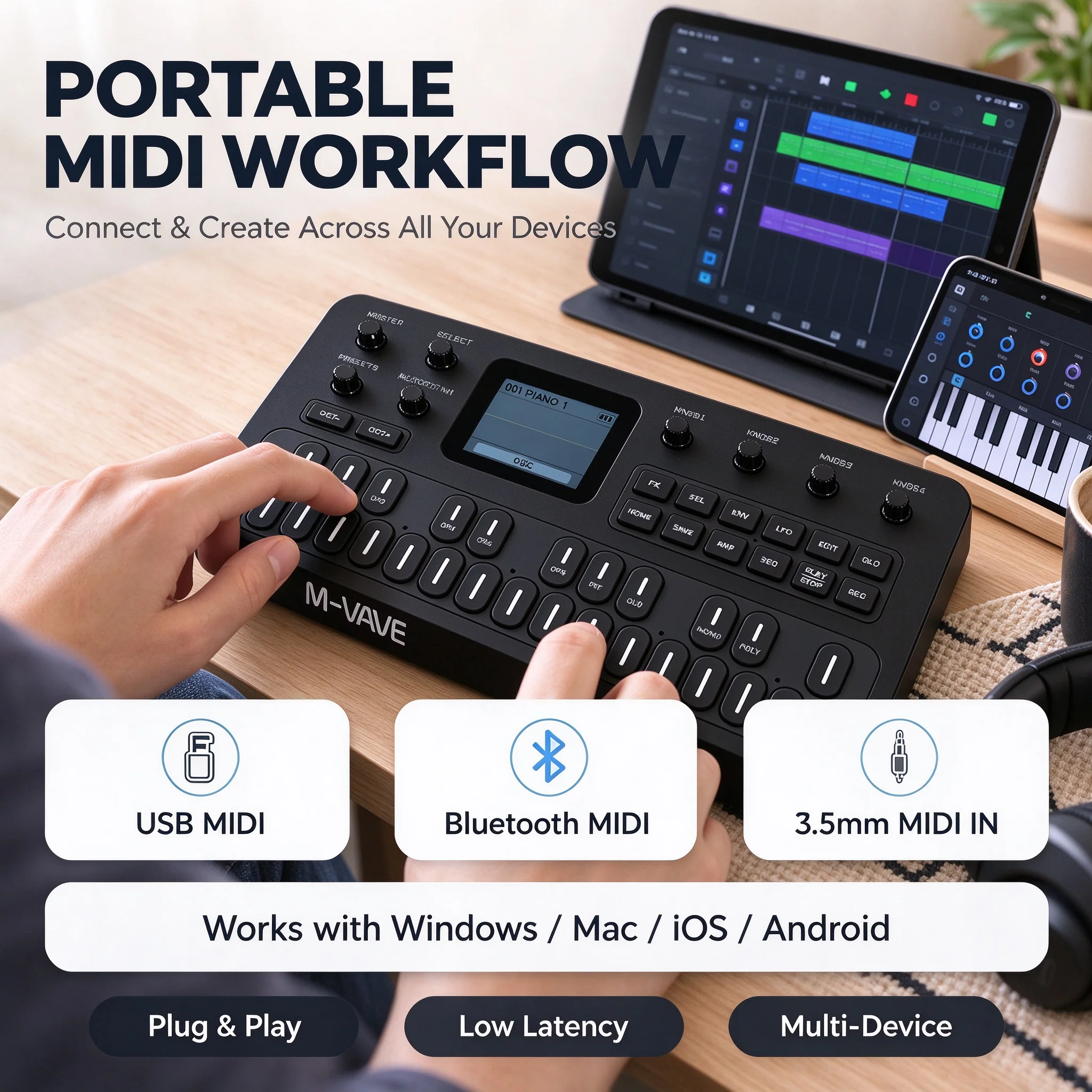 M-VAVE FM-1 Handheld FM Synthesizer 27-Key Portable Sound Source 128 Presets Built-in Speaker Bluetooth MIDI Keyboard Black