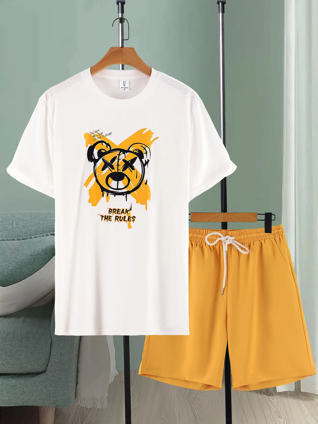 

Basic Men's Casual Set Bear Print T-Shirt & Color Block Shorts 2 Piece Summer Daily Wear Versatile Outfit