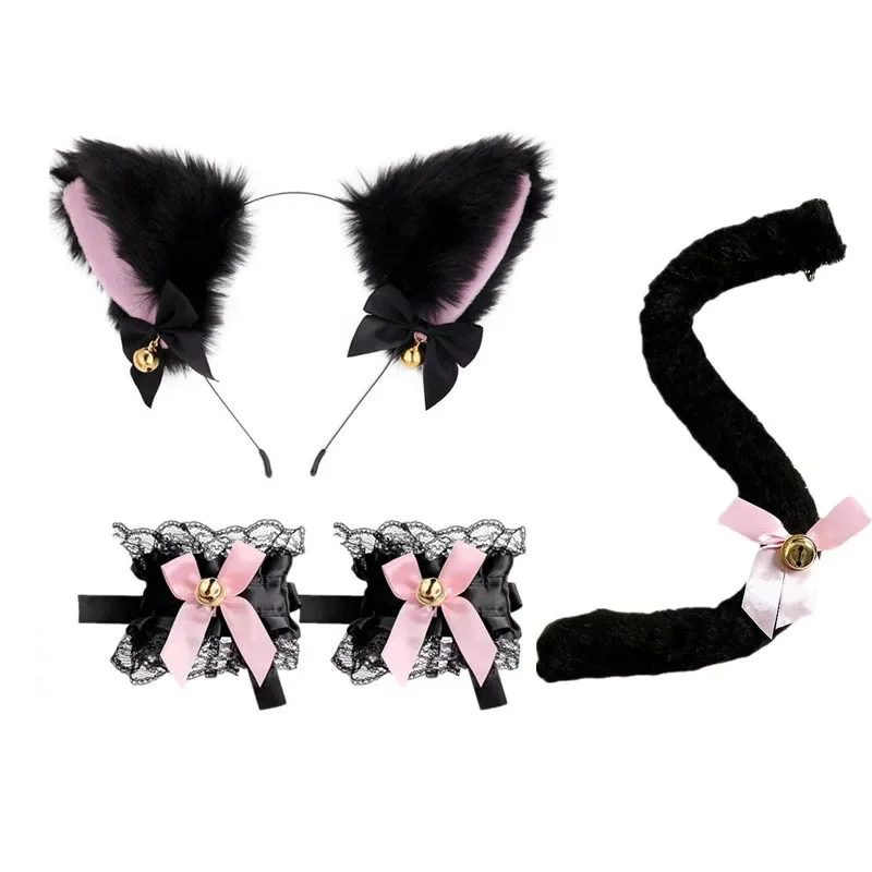 Sexy colar de renda pulseira cauda 4 pçs conjunto bonito menina gato orelha bandana role play acessórios borla cocar vestir-se conjunto