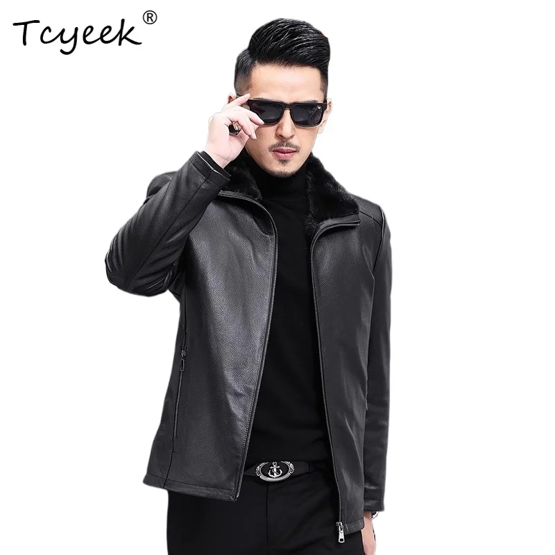 Tcyeek Top Layer Cowhide Genuine Leather Man Jackets Patchwork Mink Winter Coats Mens Clothes Streetwear Men Chaquetas Hombre