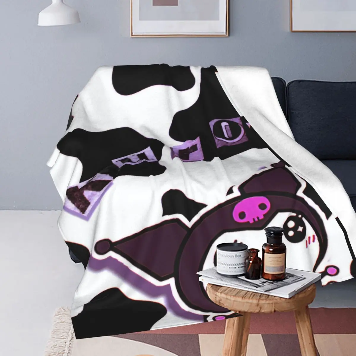 Kuromi Cartoon Black White Blankets Flannel All Season Multi-function Warm Throw Blankets for Sofa Office Bedspreads