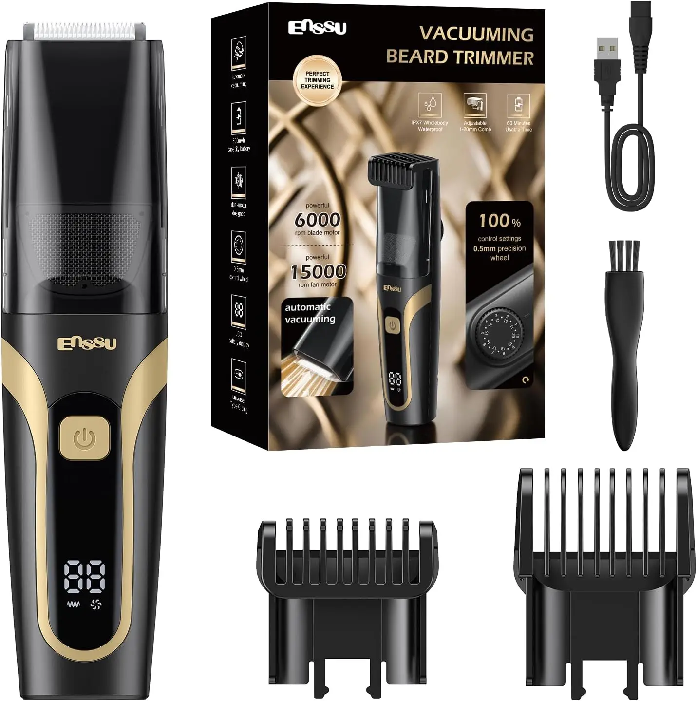

Men's Vacuum Beard Trimmer, IPX7 Waterproof, USB-C Charging, LCD Display, Adjustable Blades