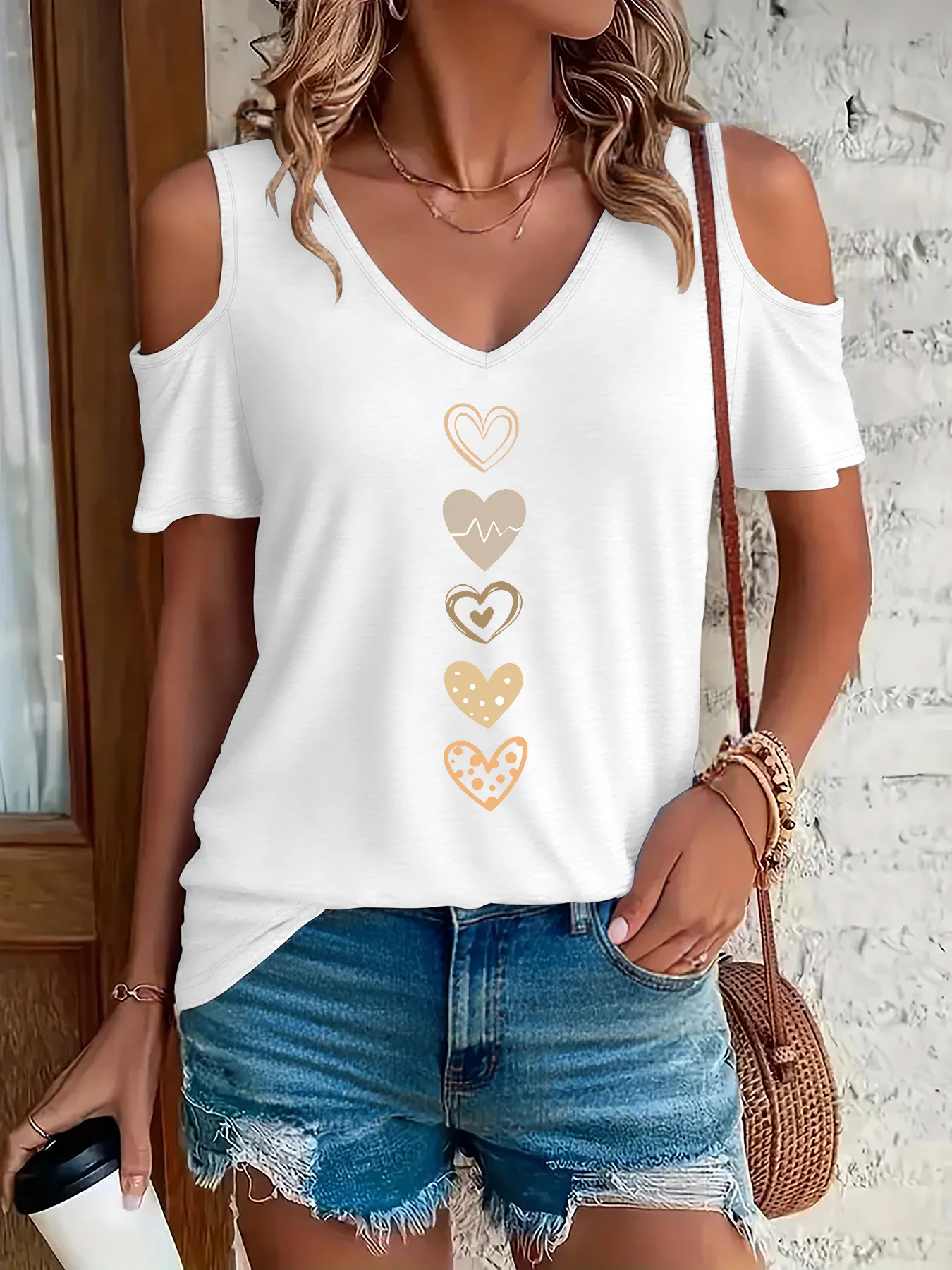 Trendiges Herz-T-Shirt Kurzarm V-Ausschnitt T-Shirt Lässiges Oberteil für Sommer Frühling Damenkleidung Shirt Tee Y2k Top – Detail 2