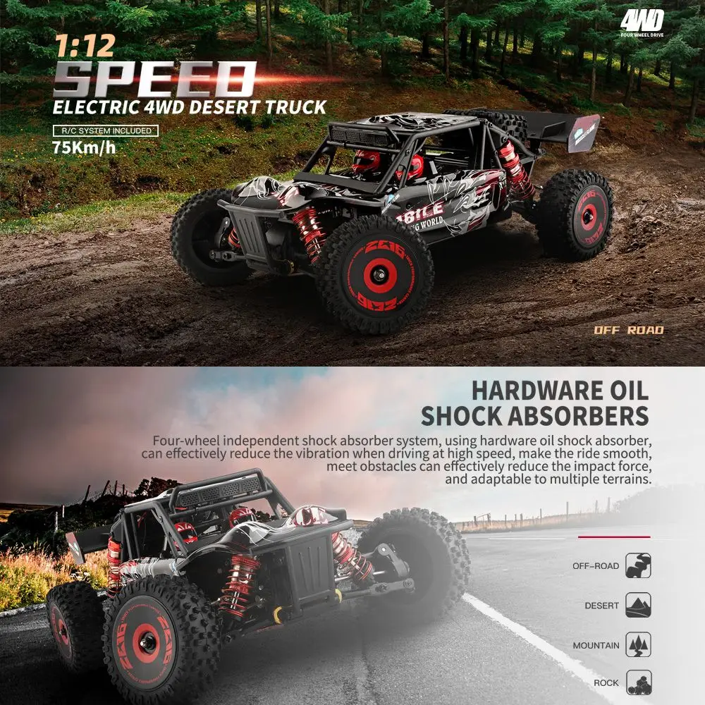 WLtoys 124007 RC-Auto, ferngesteuertes Auto im Maßstab 1:12, 4WD, 75 km/h, Hochgeschwindigkeits-Rennwagen, 2,4 GHz, All-Terrain-Offroad-RC-Truck