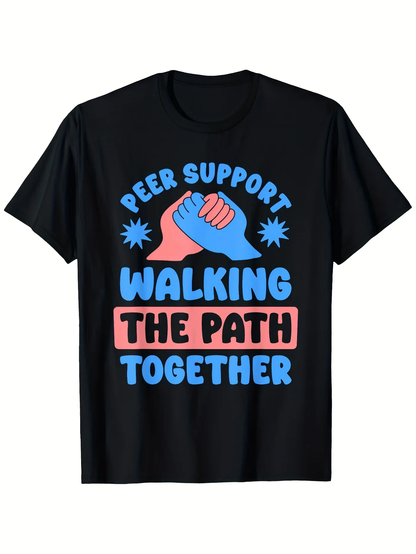 Casual Men's Black Graphic T-Shirt Peer Support Walking the Path Together Handshake Bold Letter Print 100% Cotton Heavyweight Short Sleeve Casual Streetwear Tee