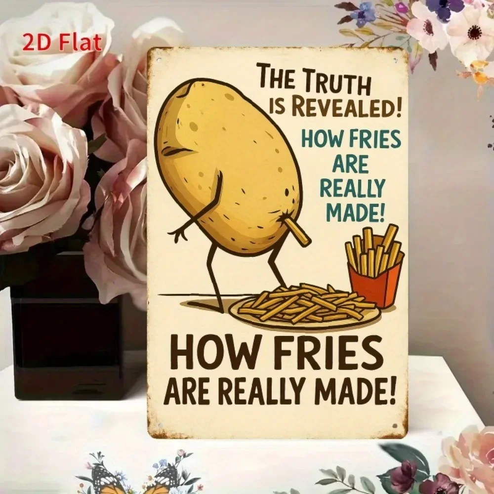 （2D Tin painting）Vintage Funny Potato Fries Metal Sign - Retro Kitchen & Cafe Wall Decor