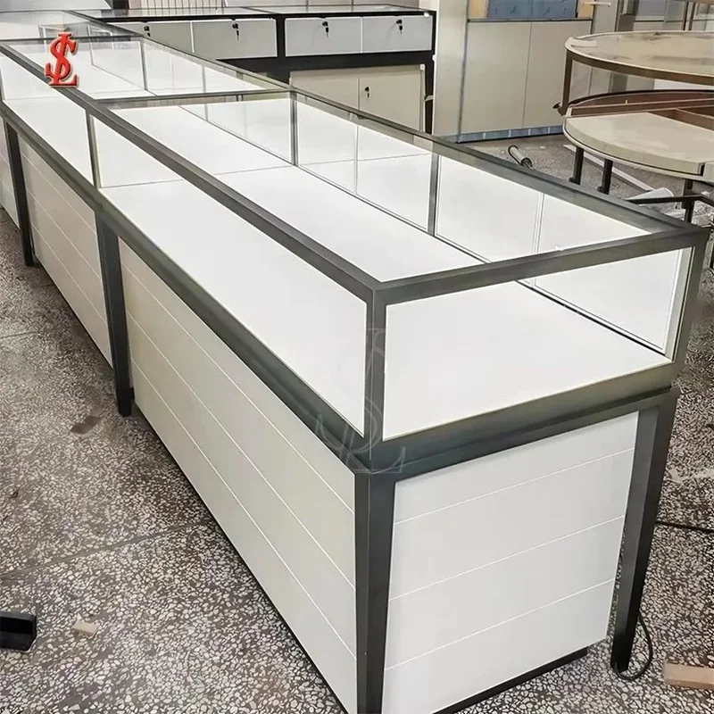 custom.Minimalist Jewelry Display Showcase Tempered Glass 360 View Counter White Slatted Base Black Frame LED Lockable B