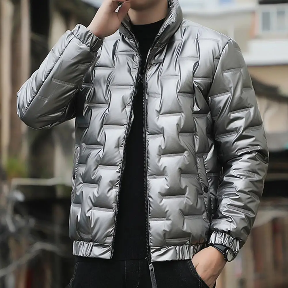 Winter Men Cotton Coat Cold-proof Stand Collar Zipper Placket Puffer Jacket Windproof Elastic Hem Quilted Outwear With Pockets