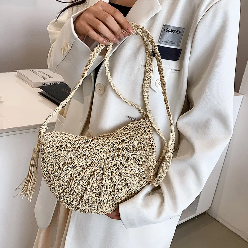 Mode Halbkreis Stroh Gewebt Schulter Umhängetasche Reise Kleine Handtasche Damen Sommer Handgemachte Rattan Quaste Design Strand Tasche – Detail 5