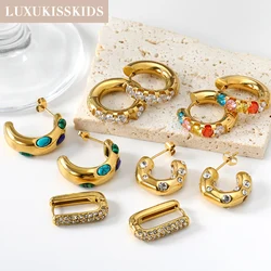 LUXUKISSKIDS Chunky Hoop Earrings Stainless Steel 18K Gold Plated Elegant Shiny Zirconia C Shape Thick Round aros Jewelry Female