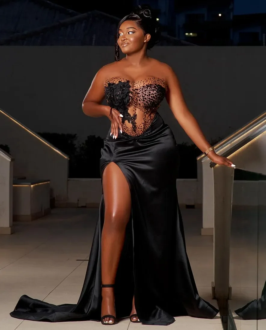 

Customized Luxurious New Mermaid 3D Patchwork Beaded Women's Evening Dress Sexy Bareback Side Split Second Reception Ball Dress