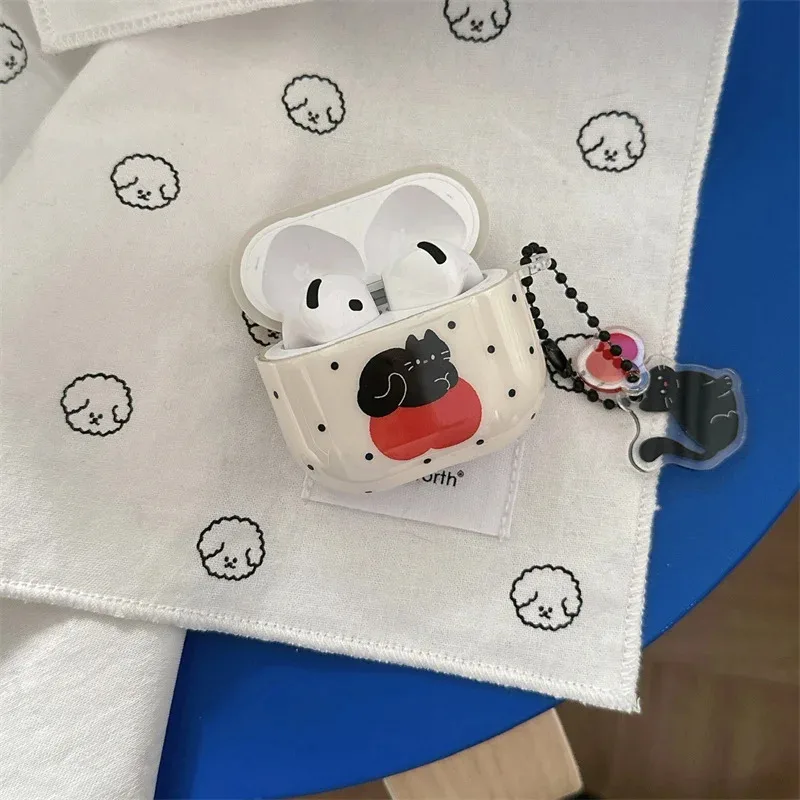 

IMD black polka dot red apple black cat headphone protective cover with kitten pendant for AirPods 1 2 3 4 Pro Pro2