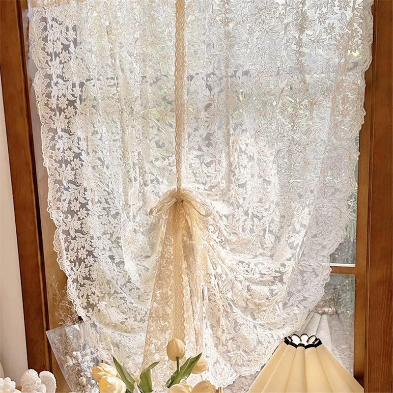 French Romantic Cream Beige Flower Embroidery Sheer Lace Roman  Curtain Tie-up Lifting Curtain For Kitchen Door Partition Decor