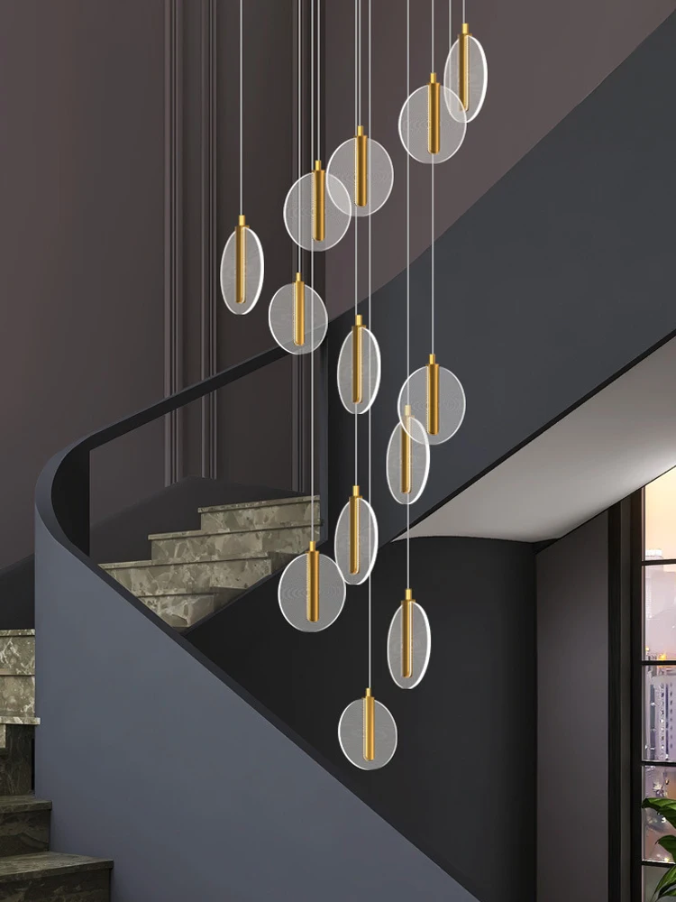 girating staircase led chandelier ouro minimalista circular iluminacao loft designer criativo villa sala de estar grande lustre 01