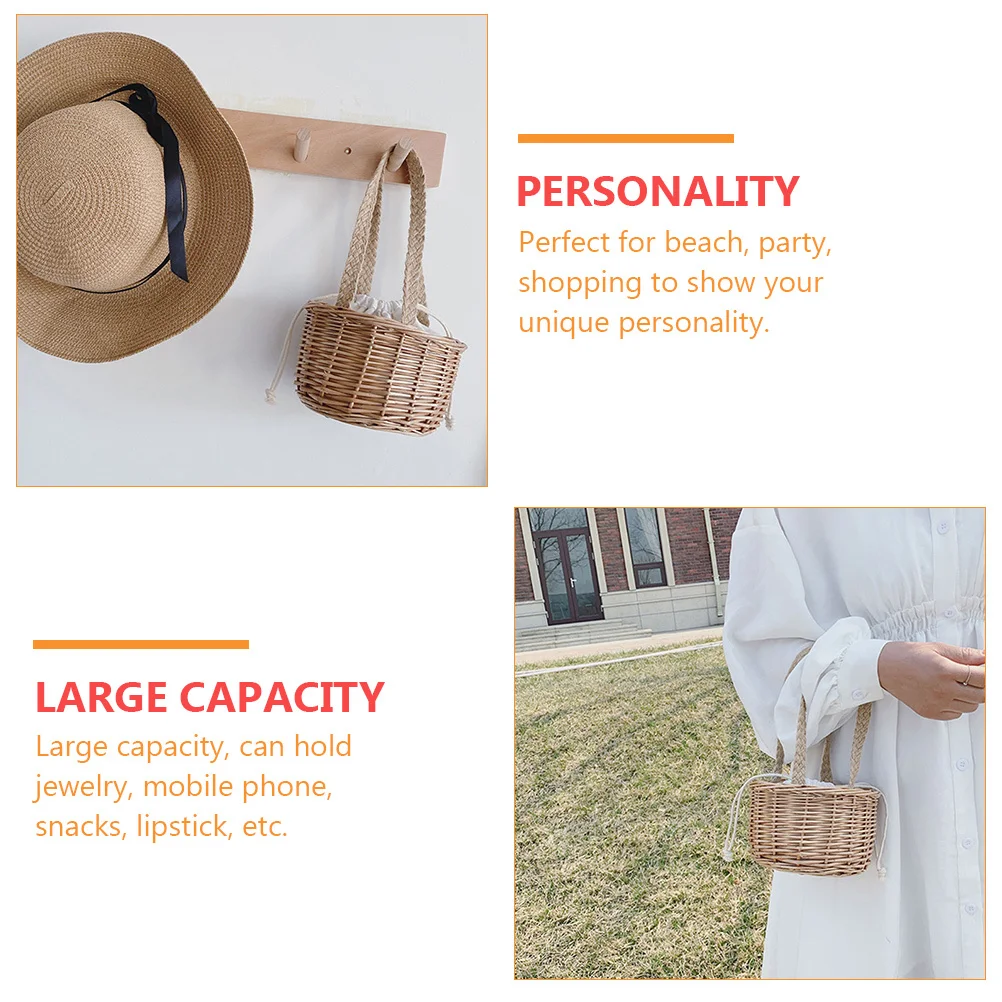 

Stylish Woven Rattan Storage Basket Large Capacity Beach Party Handmade Straw Bag Travel Jewelry Phone Storage Simple Decoration
