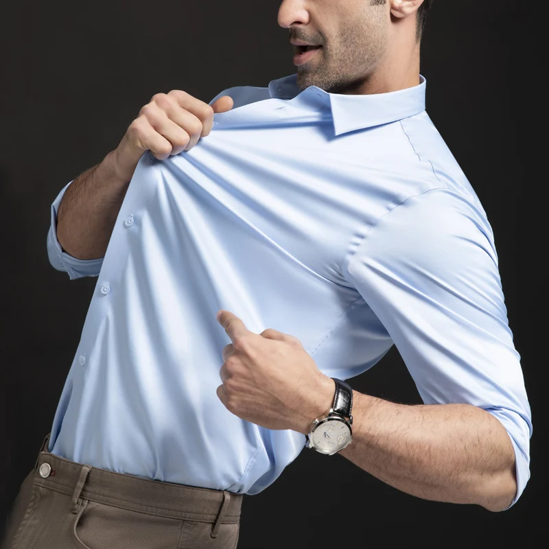 

New Elastic Long Sleeved Shirt for Men's Fashion, Business Leisure Solid Color Non Ironing Professional Men's White Shirt