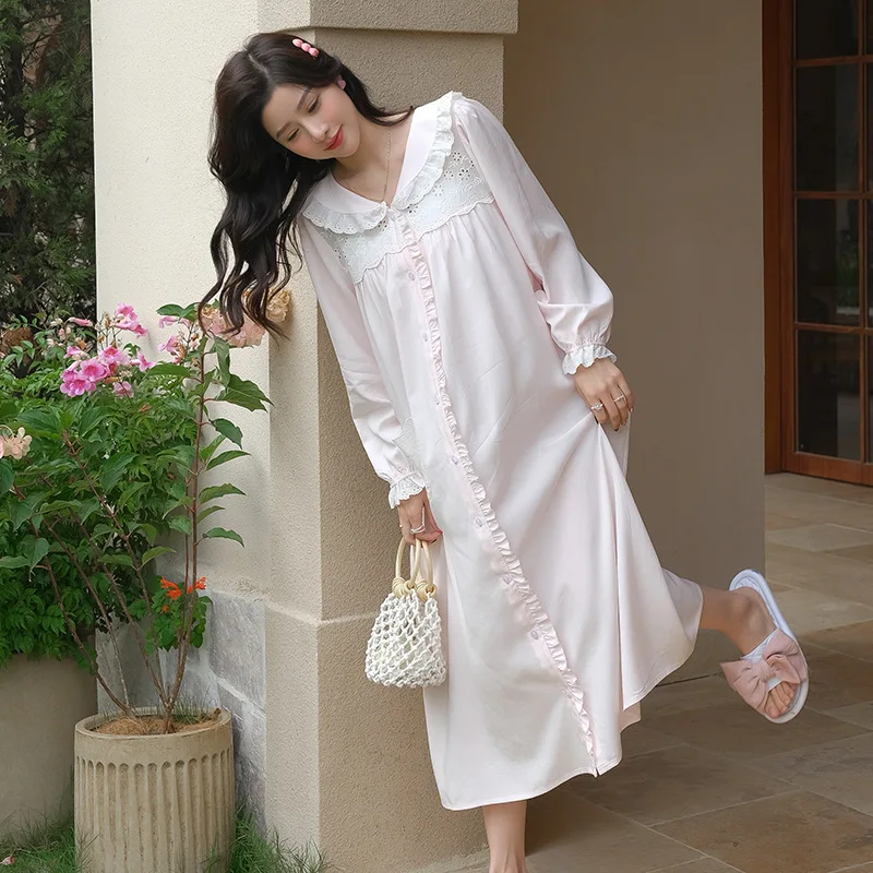 Women Sweet Turn-Down Collar Full Sleeves Nightdress 100% Cotton Casual Cardigan Long Mid-Calf Nightdress Loose Design Homedress