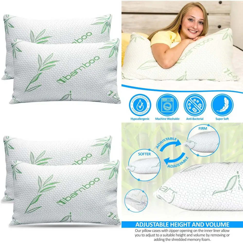 

Охлаждающие подушки из пены с эффектом памяти King Size, 2 штуки, с чехлами из бамбукового вискозного волокна для сна на боку, спине и животе