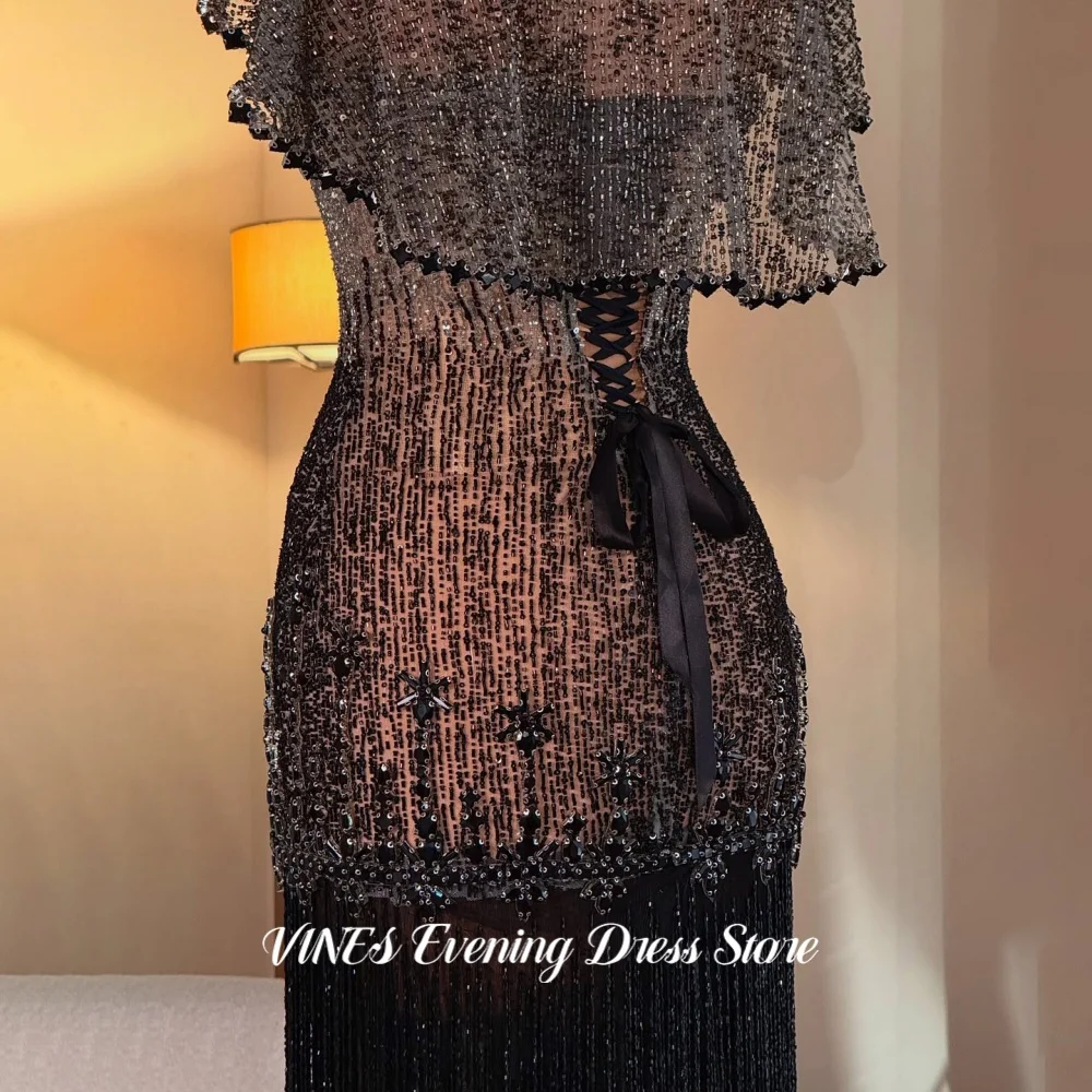 VINES Premium Women Black Strapless Prom Gowns Heavy Beaded Formal Fringe Evening Dress Tulle Capelet Party Dresses Customized