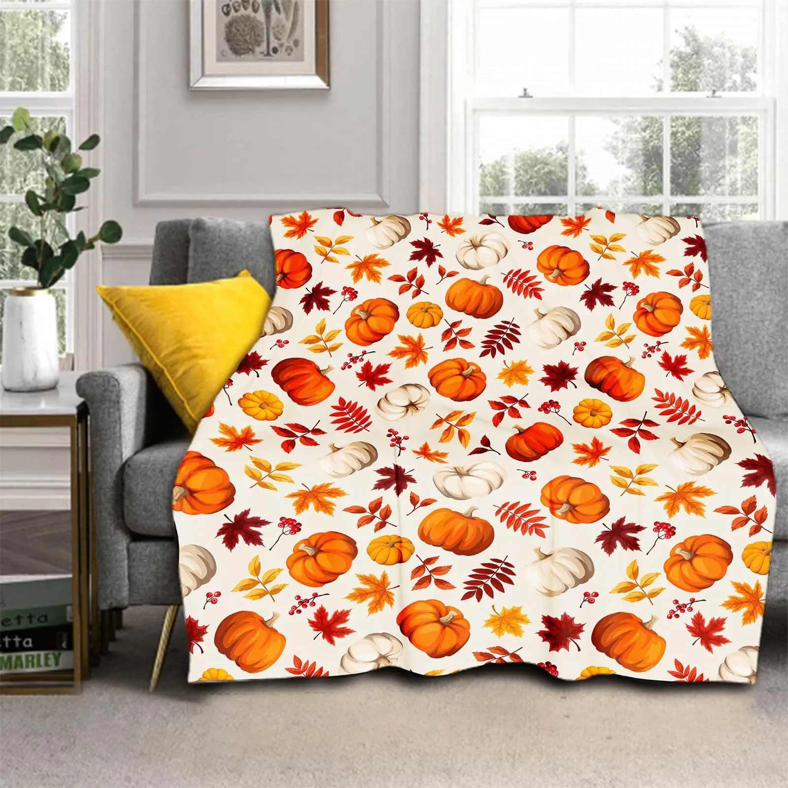 New Thanksgiving Flannel Blanket, Digital Printed Maple Leaf Pumpkin Blanket, Holiday Decorative Sofa Blanket Gift Gift