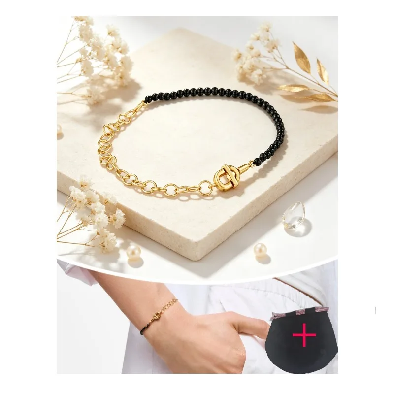 Spliced Gold Chain Black Beaded Bracelet, Shackle Clasp Two Tone Wrist Bracelet, Minimalist Stackable Fashion Jewelry Gift for Women Daily Wear