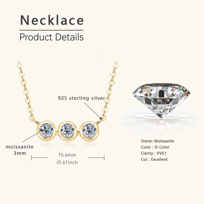 Lnngy 925 Sterling Silver Three Stone Pendant Necklace Exquisite Bezel 3mm Moissanite Necklaces For Women Collare Mujer 2024 New