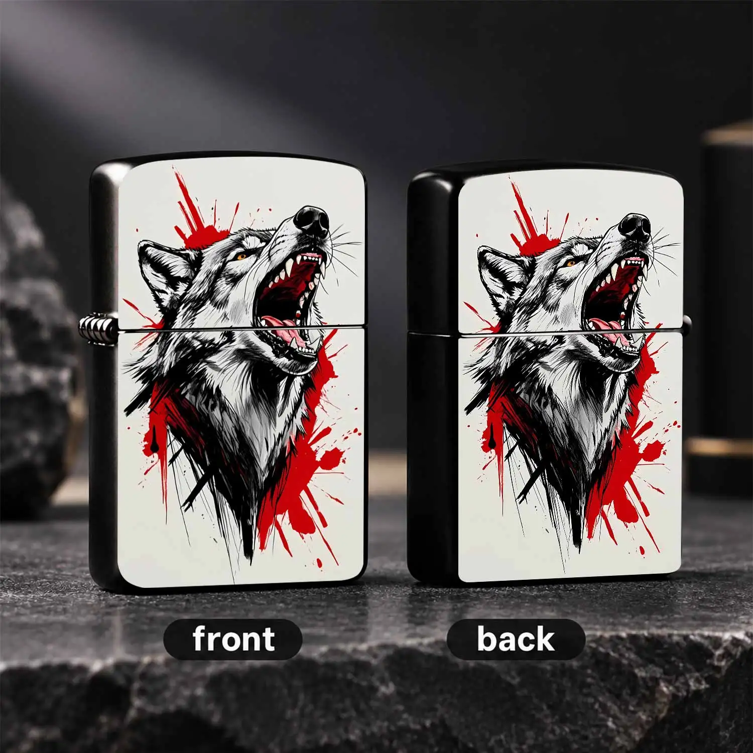 Angry Roaring Wolf Head Themed Lighter, Stylish Hand-Painted Graffiti Style With Vivid Red Splatter Gray Wolf Pattern, Portable Ignition Tool For Outdoor Daily Use, Ideal Gift For Friends, Collectible Decorative Practical Accessory For All