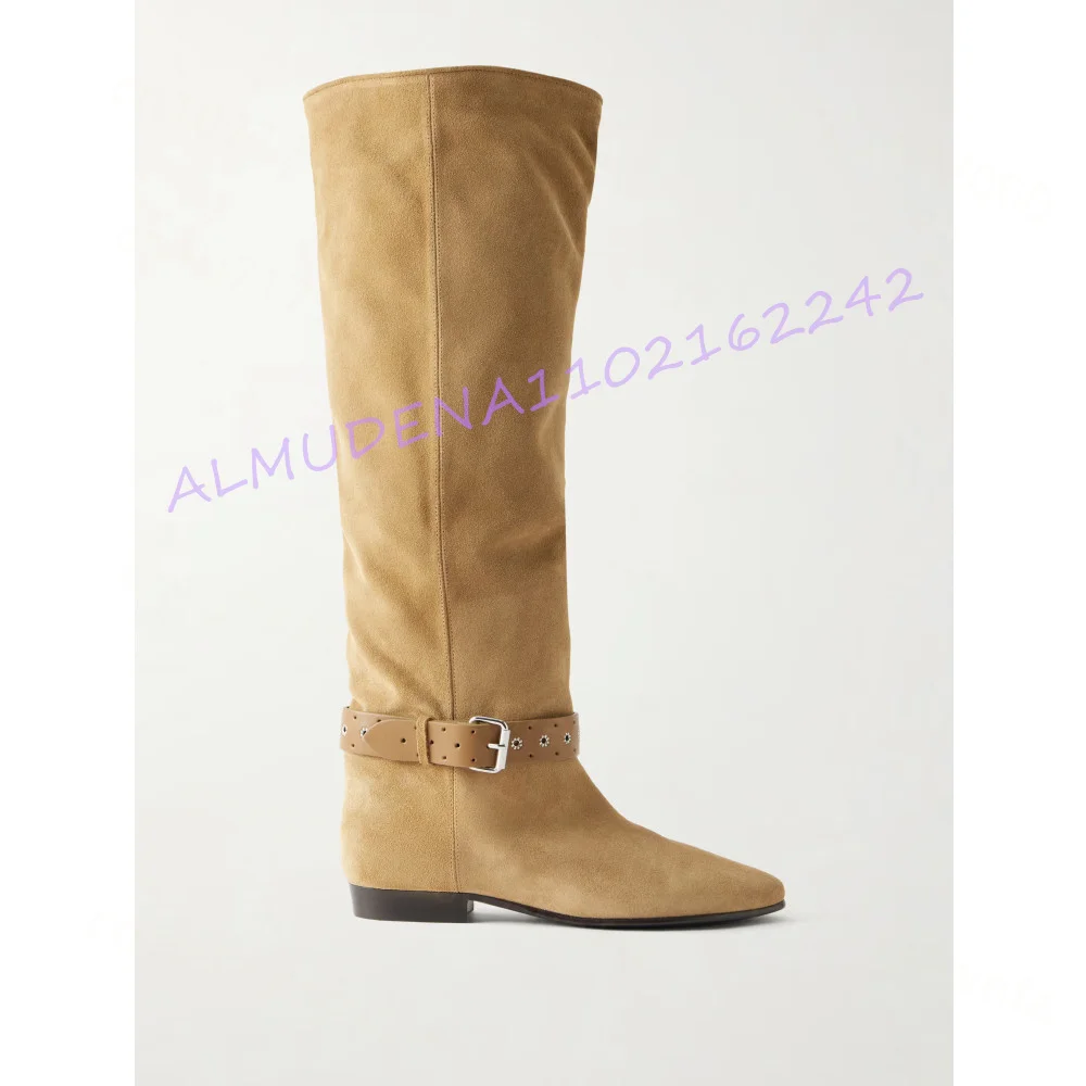 Women Tan Suede Knee High Boots Slouchy Pull On Round Toe Flat Heel Buckle Strap Eyelet Detail Casual Autumn Chic Cowboy Boots