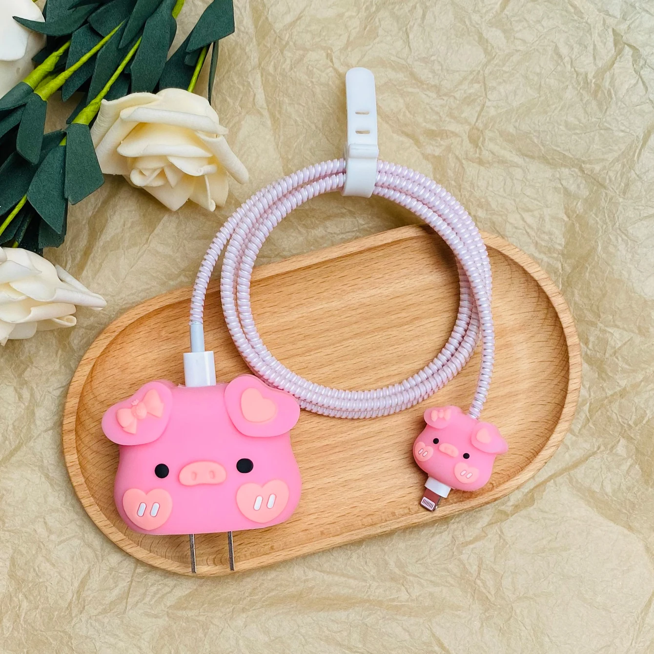 4pcs Pink Pig Design Wall Charger Protective Case And Data Cable Protective Case For 20w Charging Head Set