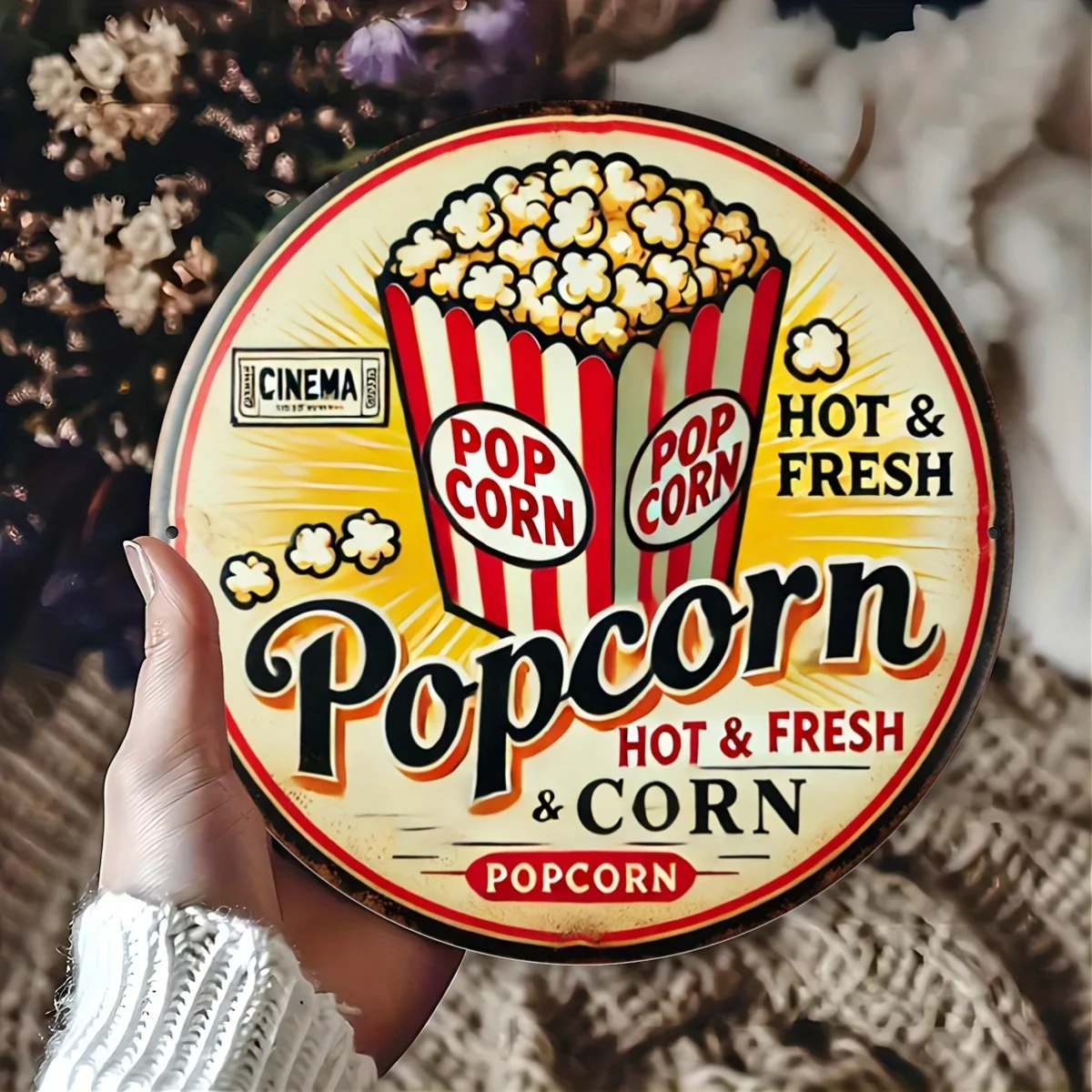 1pc Vintage Popcorn Aluminum Tin Sign, 7.8x7.8 inches, Retro Cinema Decor for Bar, Game Room, Man Cave, Garage, Outdoor