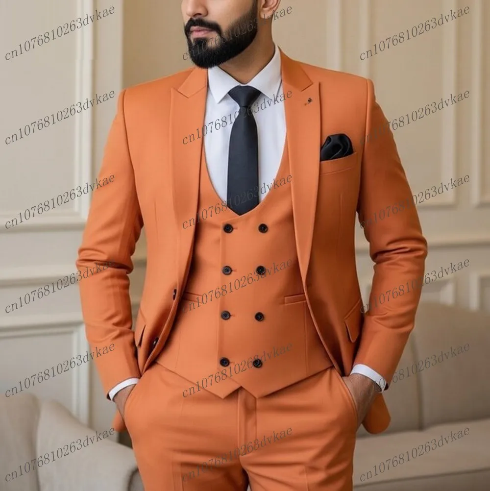 

New Orange Business Men Suit Groom Groomsman Wedding Party Prom Formal Occasion Male Tuxedos 3 Piece Set Blazer Vest Pants A01